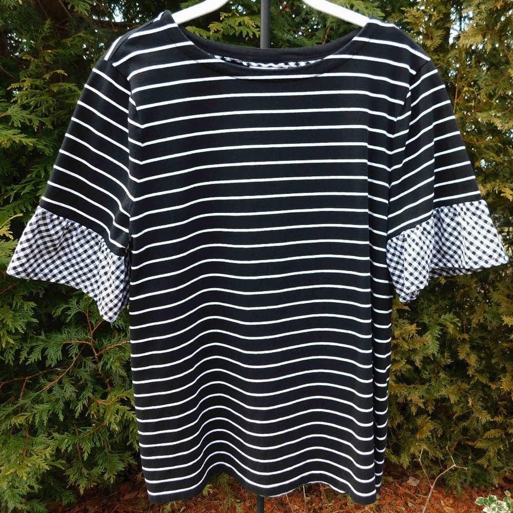 Charter Club Striped Short-Sleeve Top with Gingham Trim